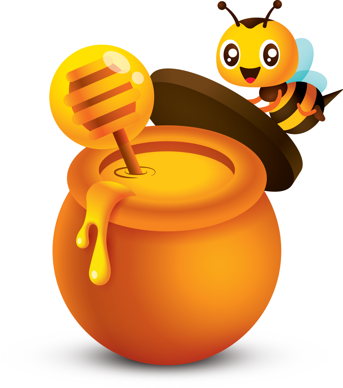 Cute bee open honey pot cover with honey dipper inside the pot character illustration